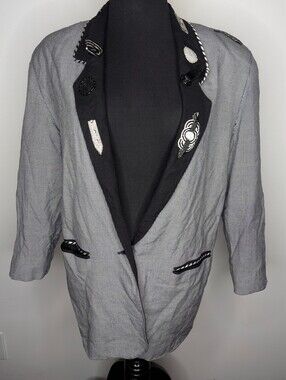 Vtg 80s Elissa Rose B/W Houndstooth Blazer Beaded Accents Shoulder Pads 6 *READ*